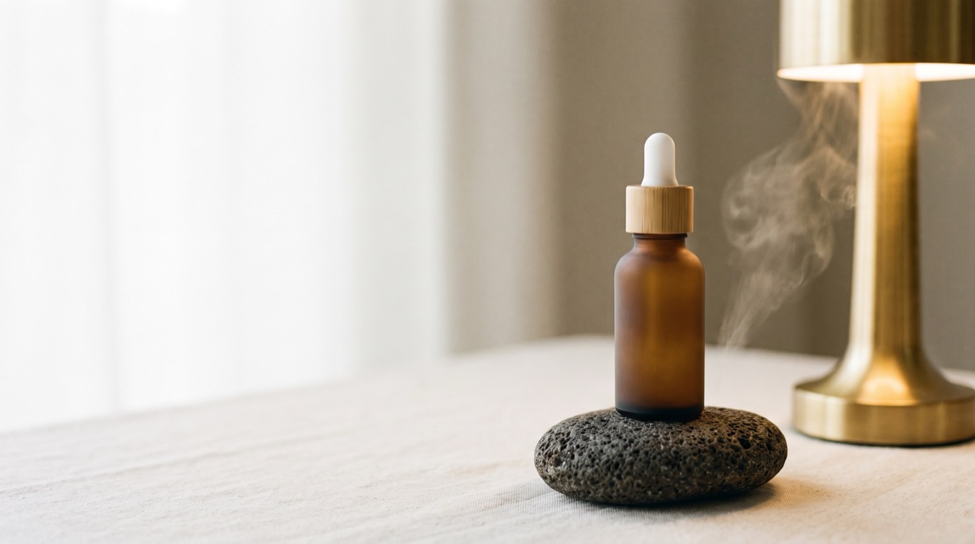 The bottle on volcanic stone beside a brass lamp, on linen
