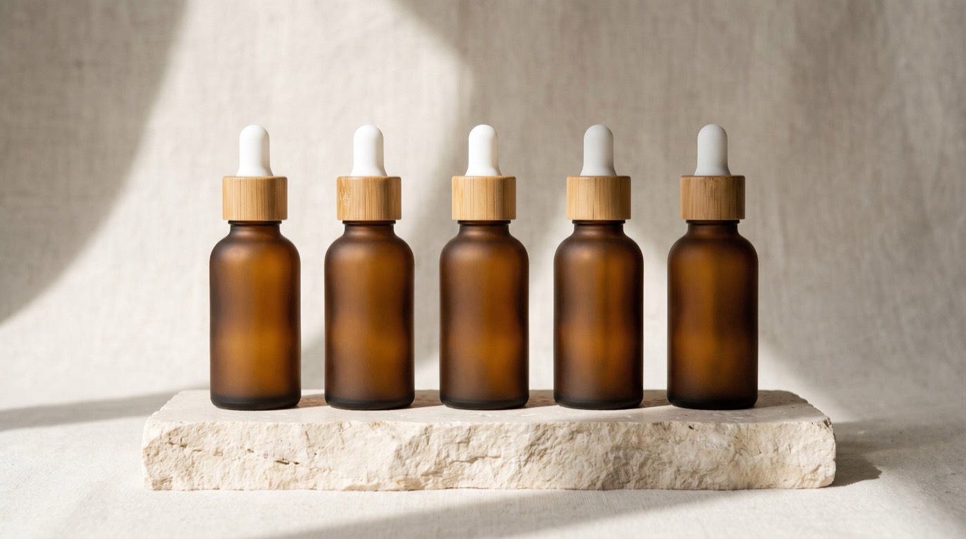 Five bottles in a row on a limestone plinth