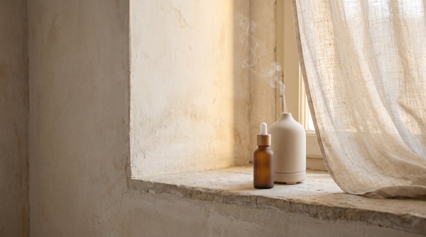 A stone windowsill at dawn with a bottle and a diffuser