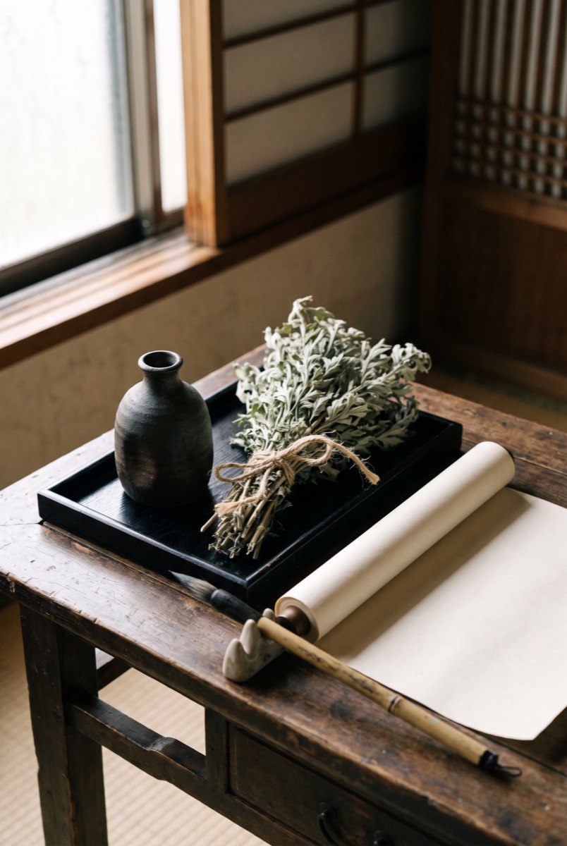 A scholar’s desk: a ceramic bottle, dried mugwort, a lacquer tray and an ink brush
