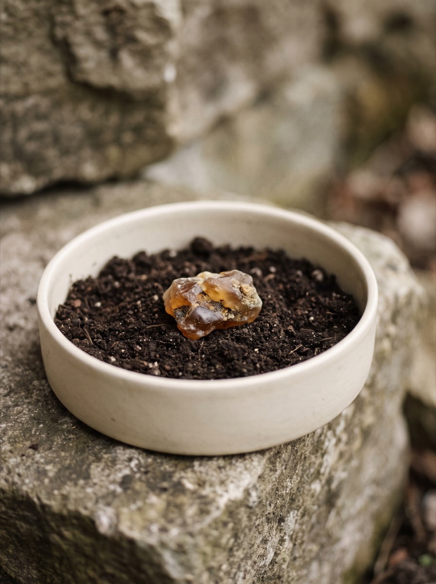 Dark soil with a piece of raw amber