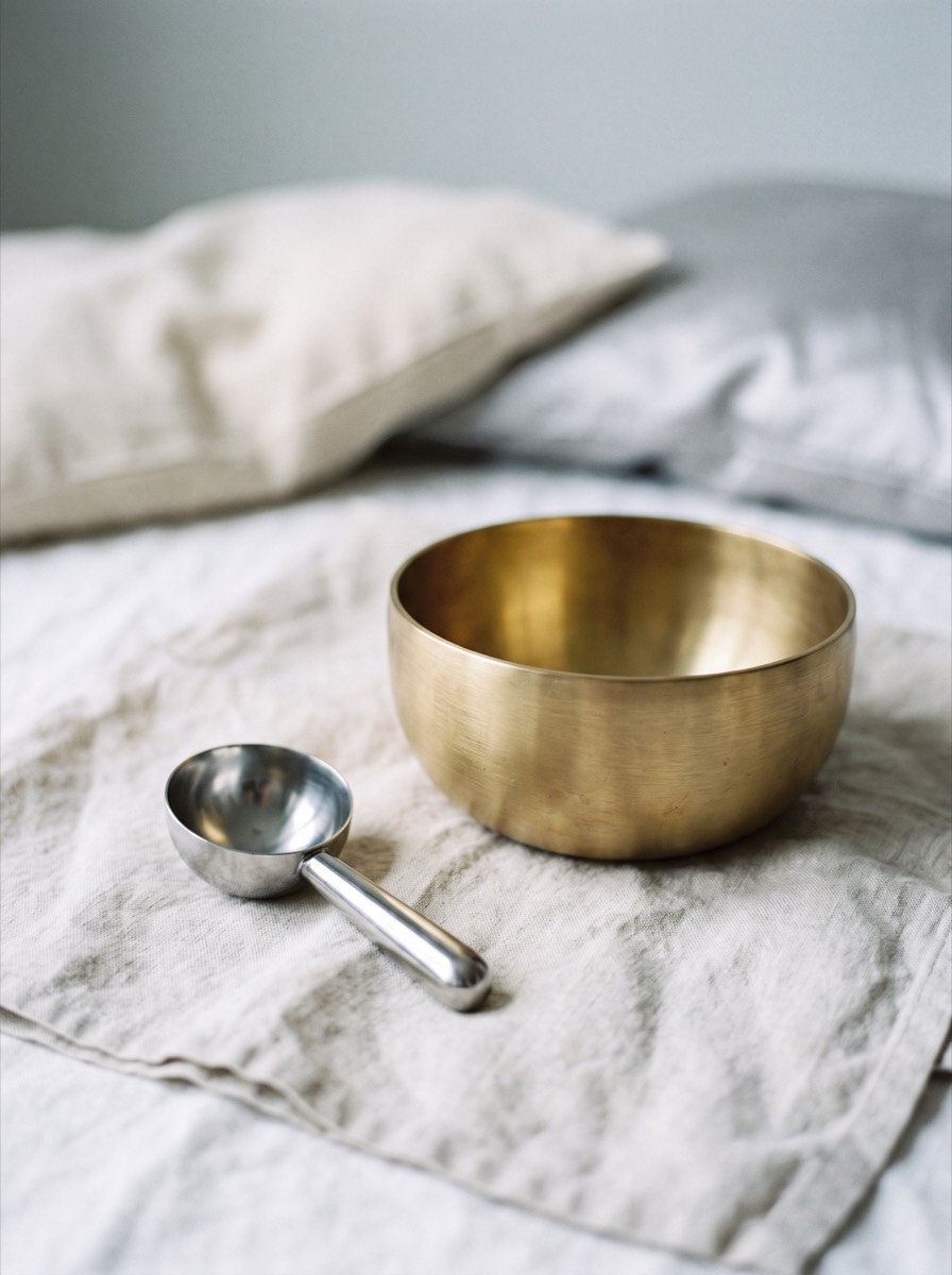 A brushed brass bowl on linen