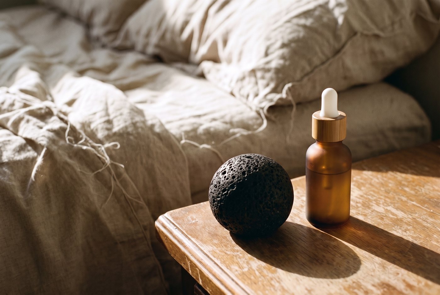 A round volcanic stone ball beside the bottle on a bedside table, in afternoon light