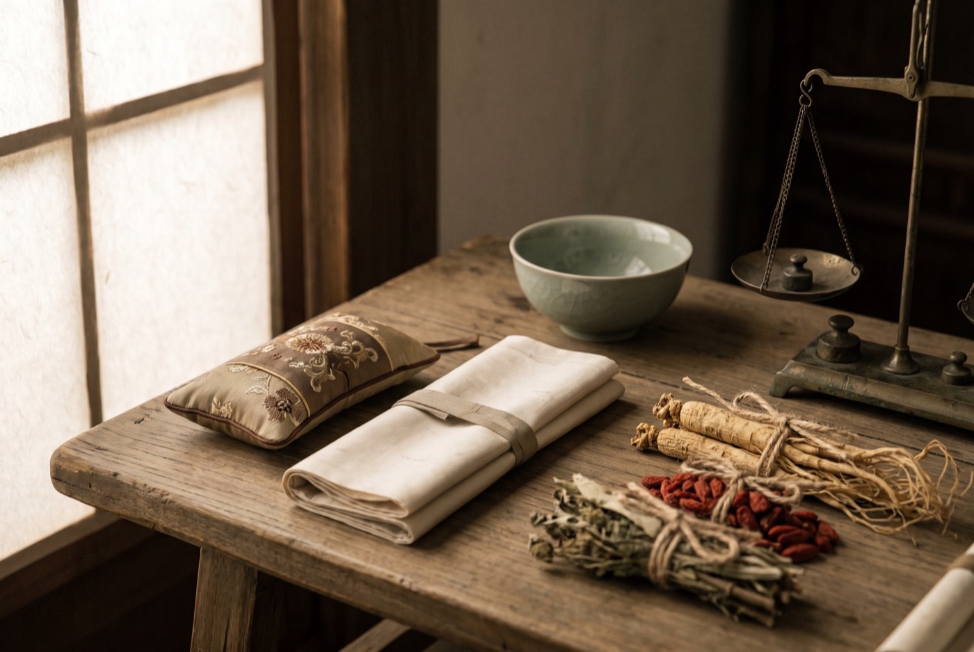 A physician's table with a silk cushion, herbs, a scroll and a bronze scale