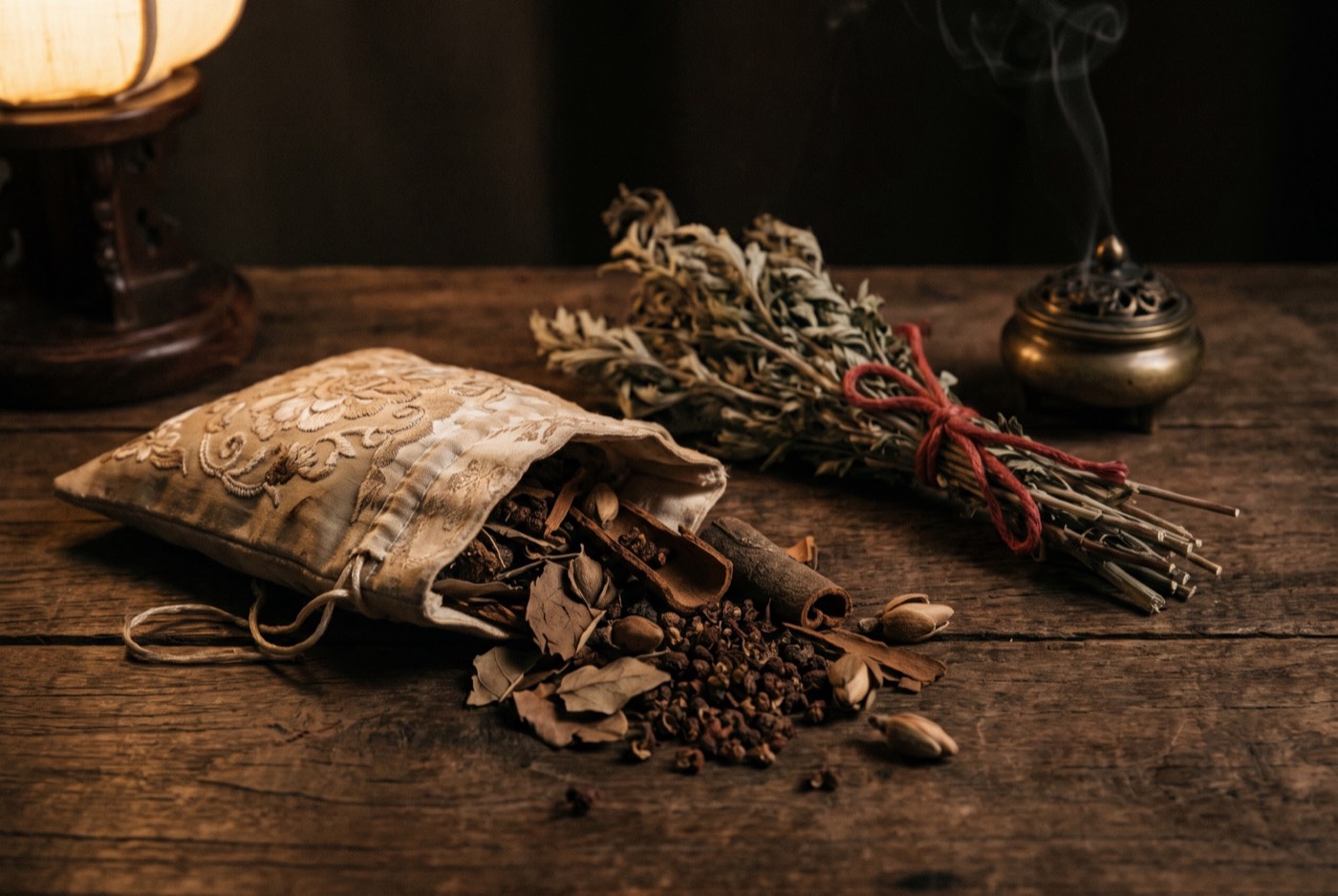 An open silk sachet spilling dried aromatic herbs, a bundle of mugwort and a small censer