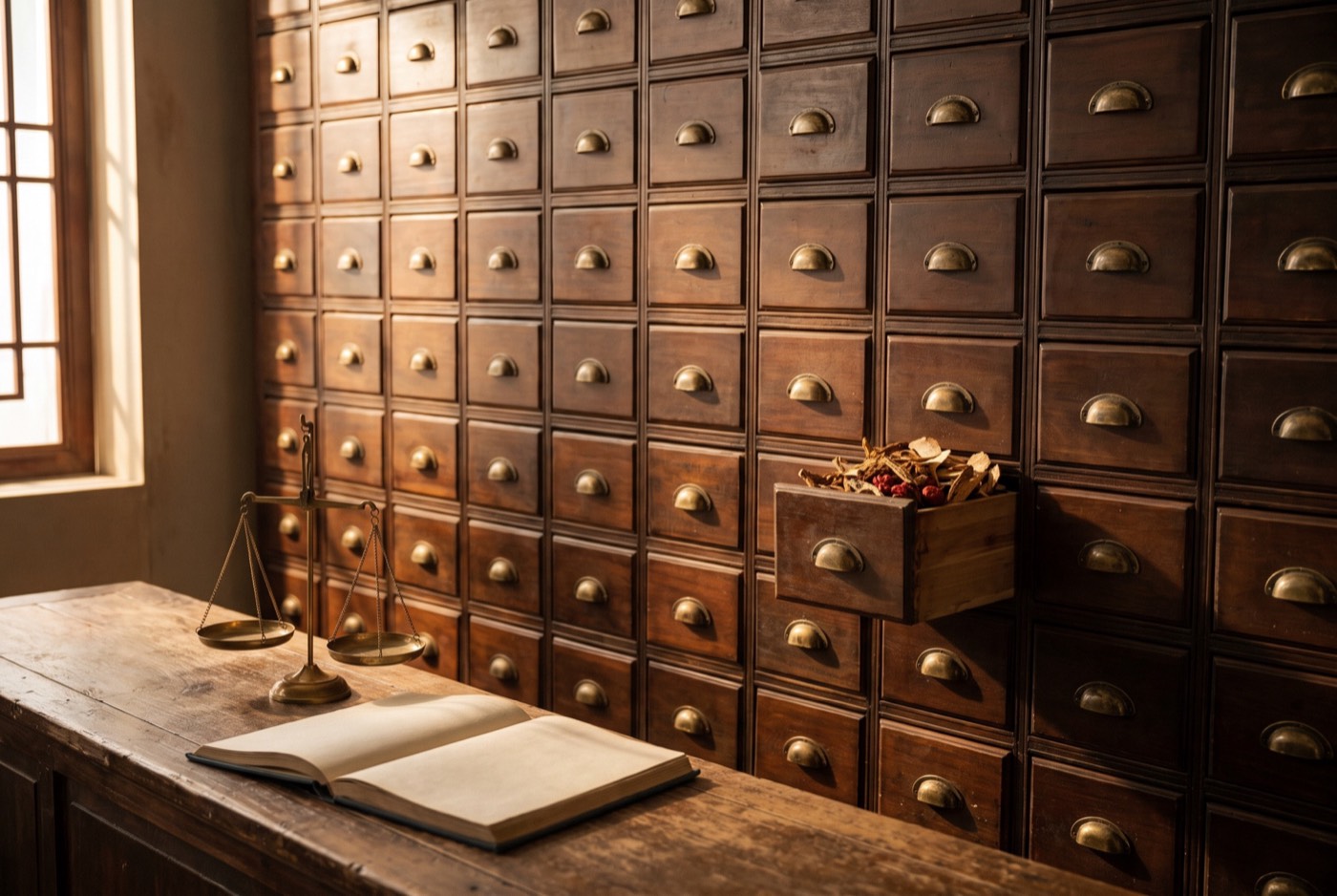 A wall of small apothecary drawers, a brass hand scale and an open book