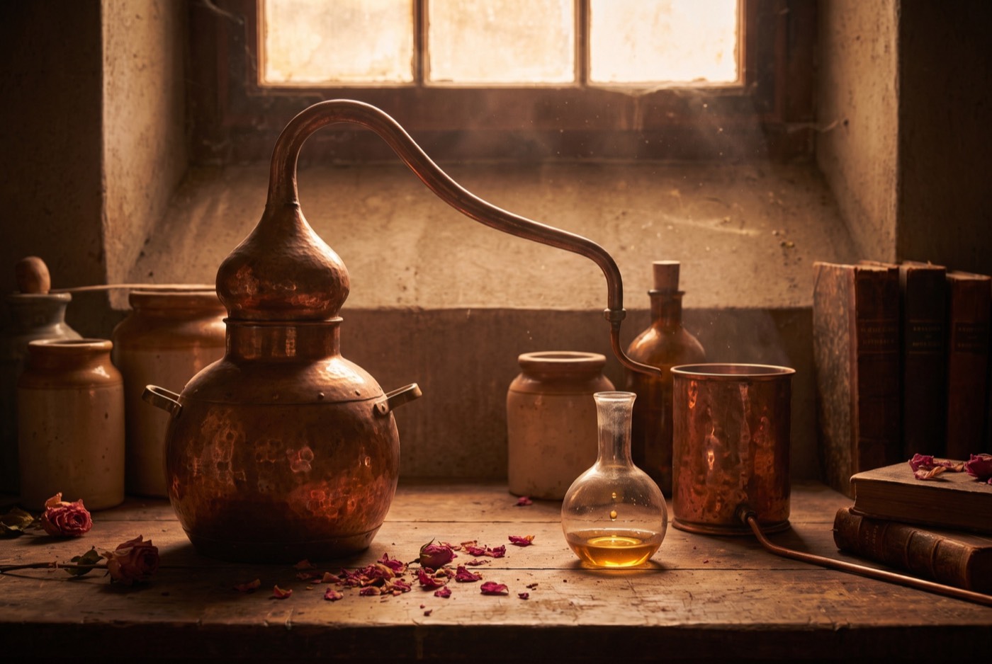 A copper alembic still with rose petals and a flask of oil