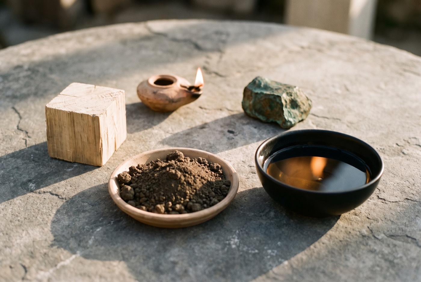 Wood, flame, earth, bronze and water on stone — the five, as materials